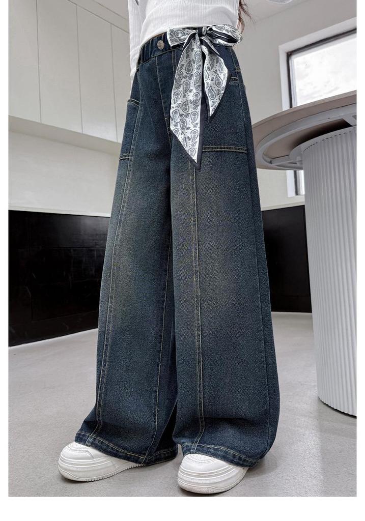 Girls' High-Waisted Wide-Leg Jeans - Deep Blue Multi-Pocket Slimming Pants for Older Children