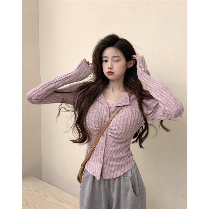 

Women s 2024 Autumn Chic Apricot Ruffled Lapel Knit Top XL