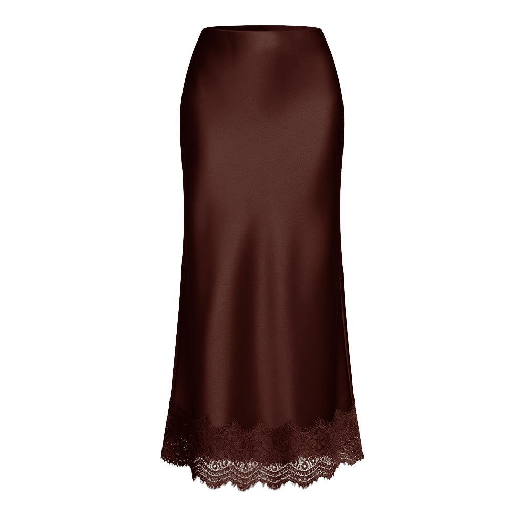 Women's Midi Skirt with Lace Hem Beige Straight Cut Satin Feel Casual Skirt