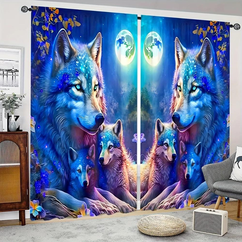 Wild Wolf Animal Round Shiny Moon Budget Friendly Curtains Blinds Suitable for Living Area Kids Bed Room Bathroom Kicthen Door Home Decoration
