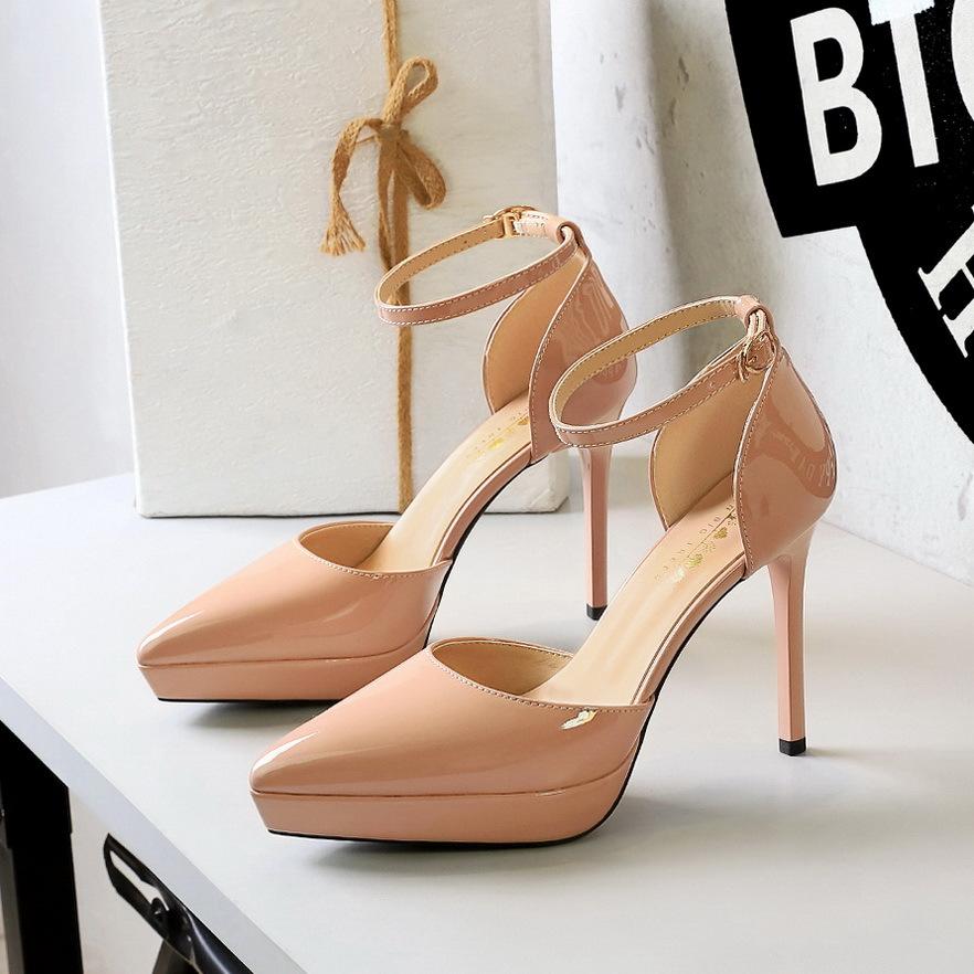 Fashion Elegant High Heels Women's Waterproof Platform Pointed Toe Patent Leather Glossy Thin Heel Hollow Strap Sandals Women's Shoes