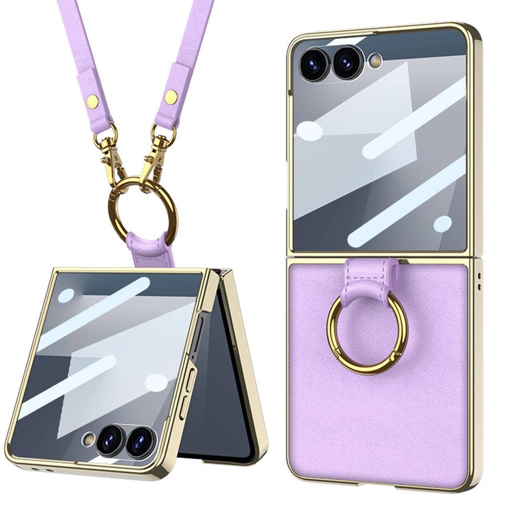 Luxury Plating Leather Strap Case for Samsung Galaxy Z Flip 7 6 Back Screen Glass Ring Holder Hard Cover for Galaxy Z Flip7 Case