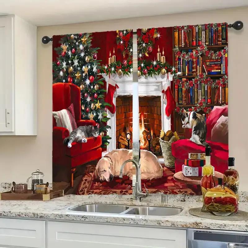 Winter Snowflake Santa Claus Patterned Curtains Christmas Home Decoration Room Curtain Set Of 2 Made Polyester Washable