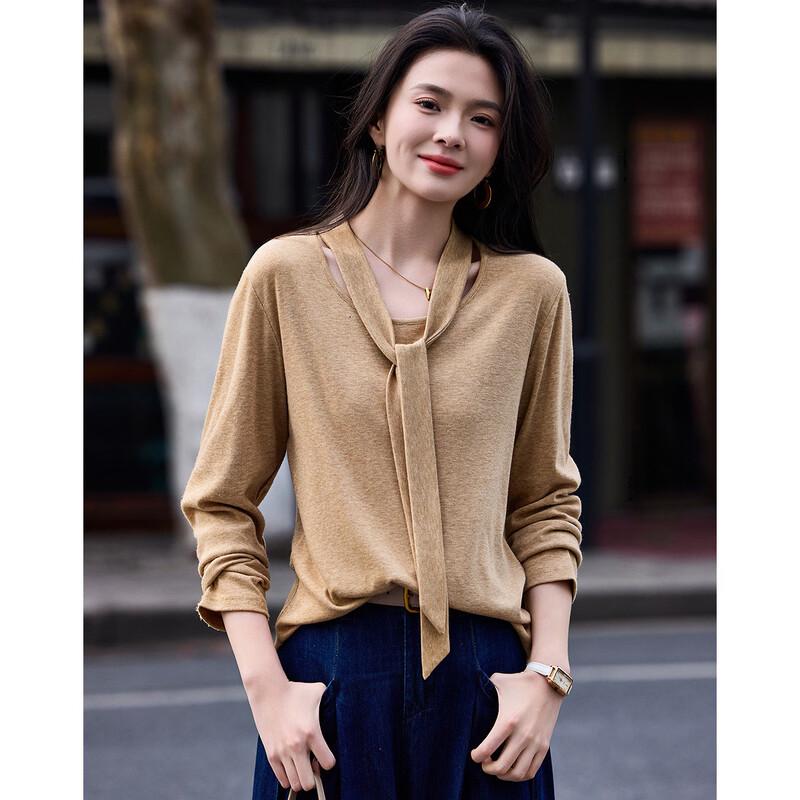 Women's Elegant Slim Fit Round Neck Ribbon Long Sleeve T-shirt