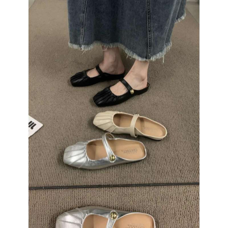 Silver Flat-bottomed Bag Head Half Slippers Outer Wear 2025 Summer New Mother Mary Jane Muller Women Sandals Single Shoes