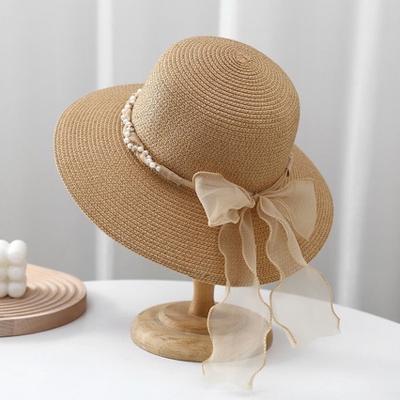 Fashion Summer Pastoral Style Straw Hat Pearl Lace RibbonWide Brim Sun Hat Spring Summer Elegant UV  Protection Cap Female