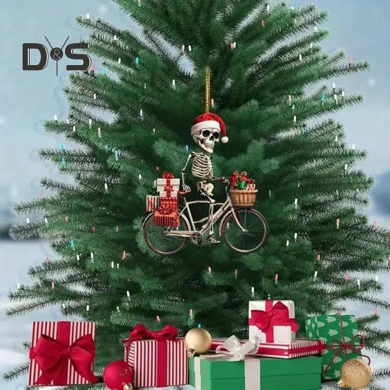 Weihnachts-Totenkopf-Ornament, Weihnachtsmütze, Skelett, Fahrradfahren, Acryl-Anhänger, Weihnachtsbaum-Hängedekoration für Innen- und Außendekoration
