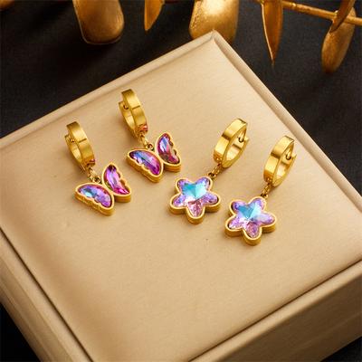 Stainless Steel Butterfly Pentagram Colorful Purple Crystal Earrings for Women Girl Jewelry Holiday Gift