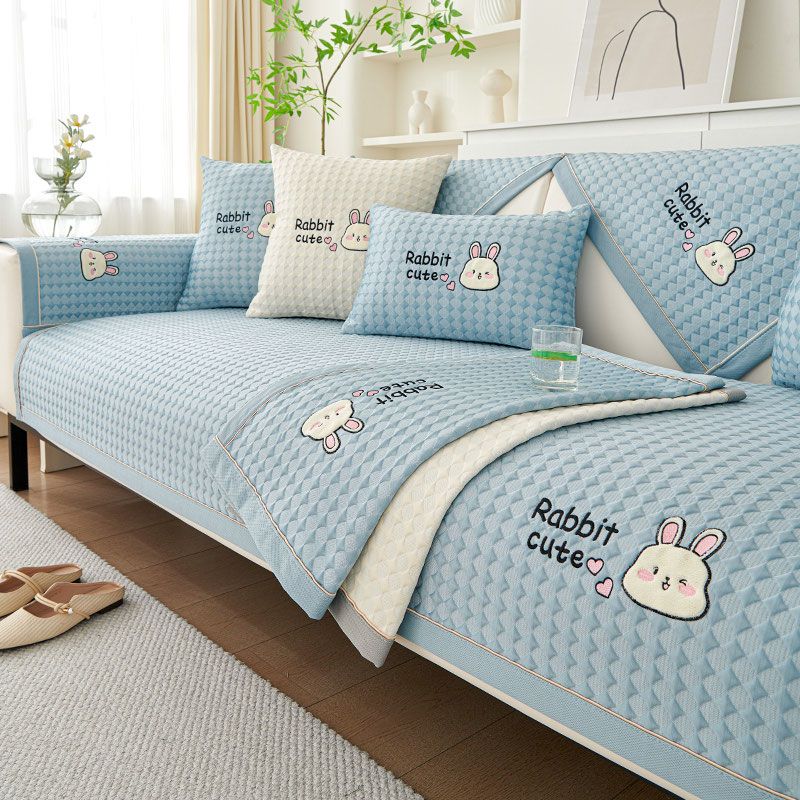 Cartoon Rabbit Sofa Cover Ice Silk Summer Livingroom Seater Cushion Towel Multi-color Backrest Armrest Protector Slipcovers