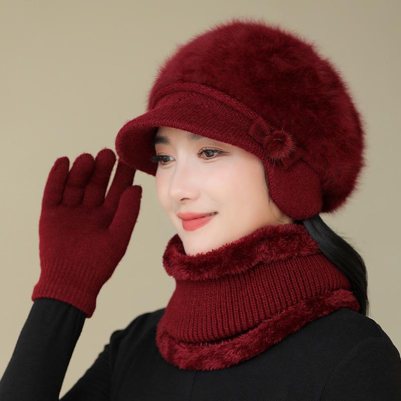 Thick Warm Hat Winter Hat Middle Aged and Elderly Mother Old Lady Knitted Cotton Hat Grandma Rabbit Wool Hat