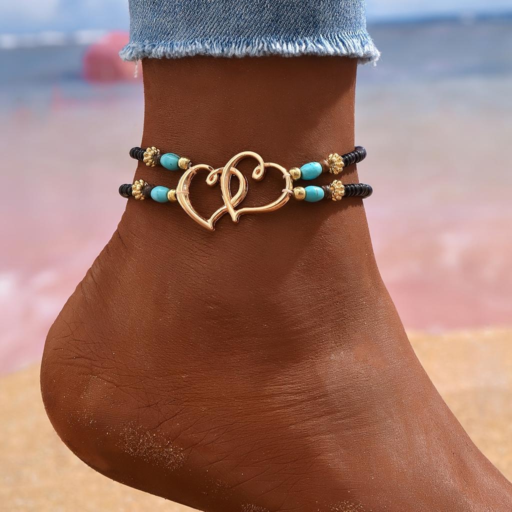 Anklet Bracelets for Women Beaded Anklets 1 Ladies Double Layer Heart Anklet - Boho Style - Daily Occasion, Vacation Occasion