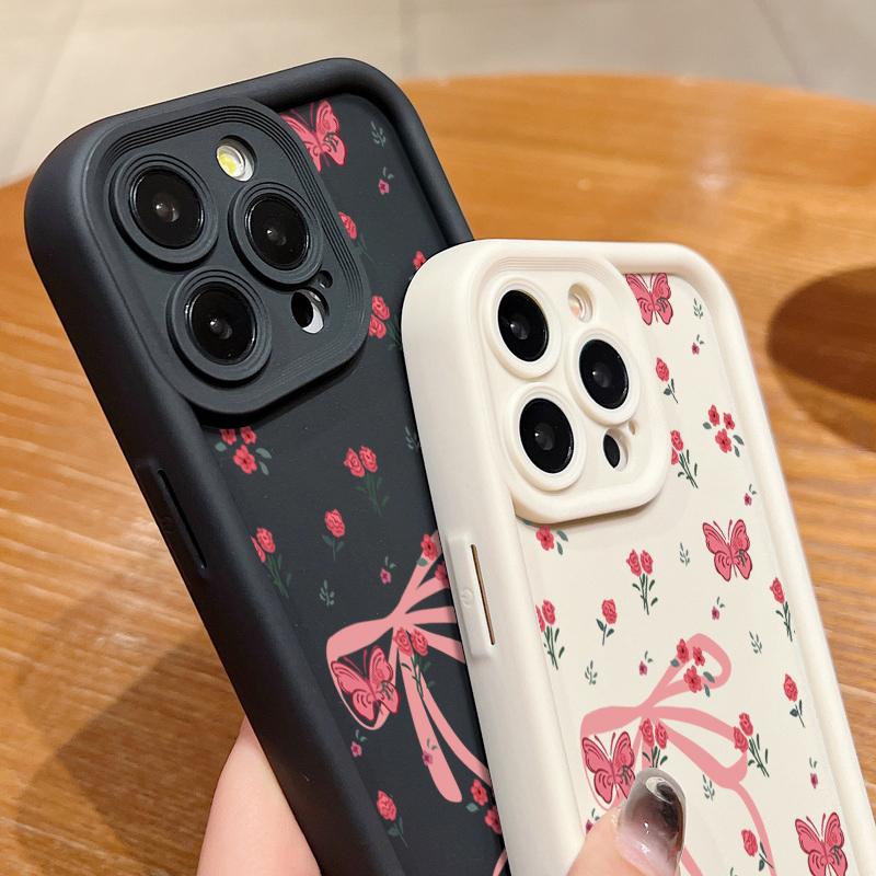 Carcasă Mată TPU cu Imprimeu Floral și Fundă pentru iPhone 16 Pro Max 15 Pro 14 13 12 11 XS XR Protecție Obiectiv Rezistent la Șocuri Husă Moale Silicon Telefon