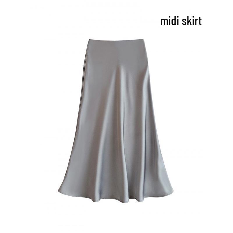 Satin Drape Elastic Waist Midi Skirt - Women's High Waist A-Line for Spring/Summer