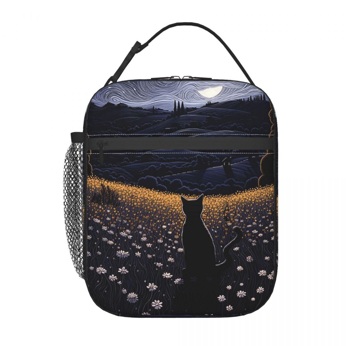 

The Black Cat Looks At The Starry Sky Insulated Lunch Bag for Kids Cooler Thermal Food Box Tote Portable Lunch Boxes Container One Size