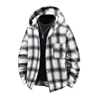 Spring and Autumn New Hooded Plaid Shirt Men's Furted Long Sleeve Single Breasted Pocket Loose Shirt