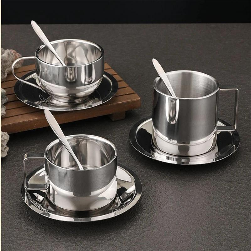 3Pcs/Set 304 Stainless Steel Insulated Coffee Cup Double Wall Tea Milk Mug with Saucer Spoon Cafe Restaurant Hotel Tableware