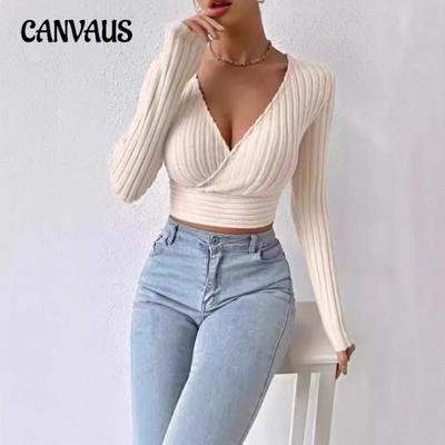 Women's Autumn New Short Spicy Deep V-neck Slim Sexy Long-sleeved Knitting Models