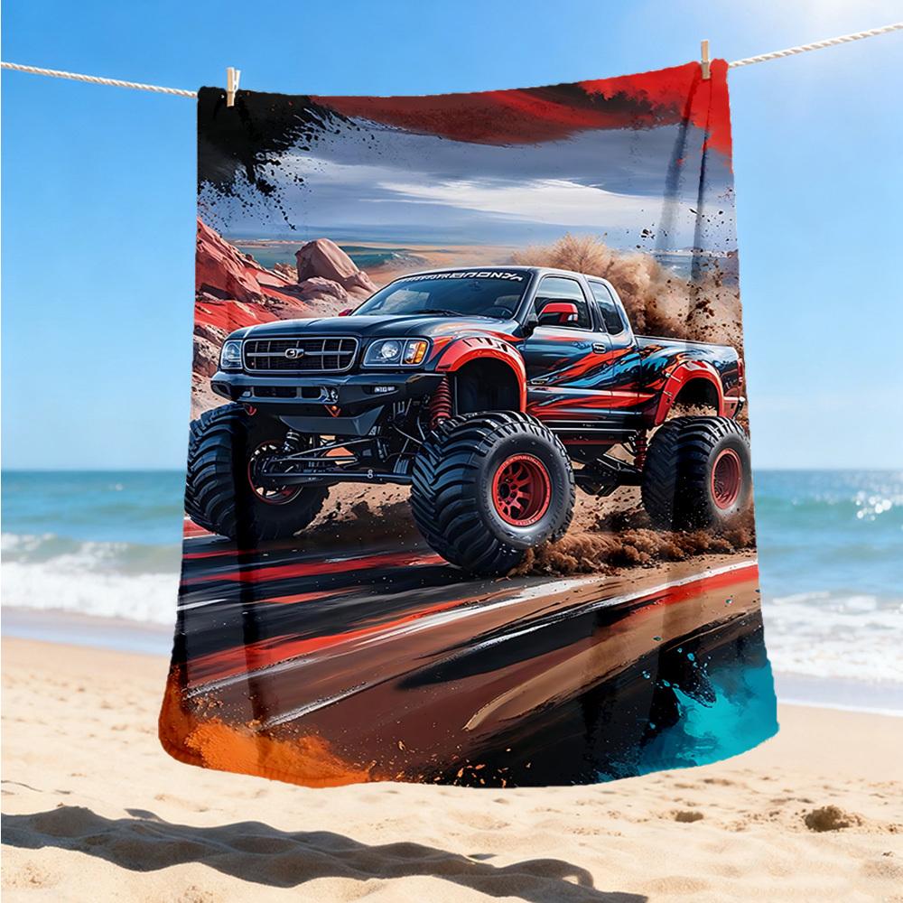 1pc Monster Truck Adventure Outdoor Flannel Blanket Soft All Season Polyester Throw , Perfect for Picnics & Travel , Picnic Accessory