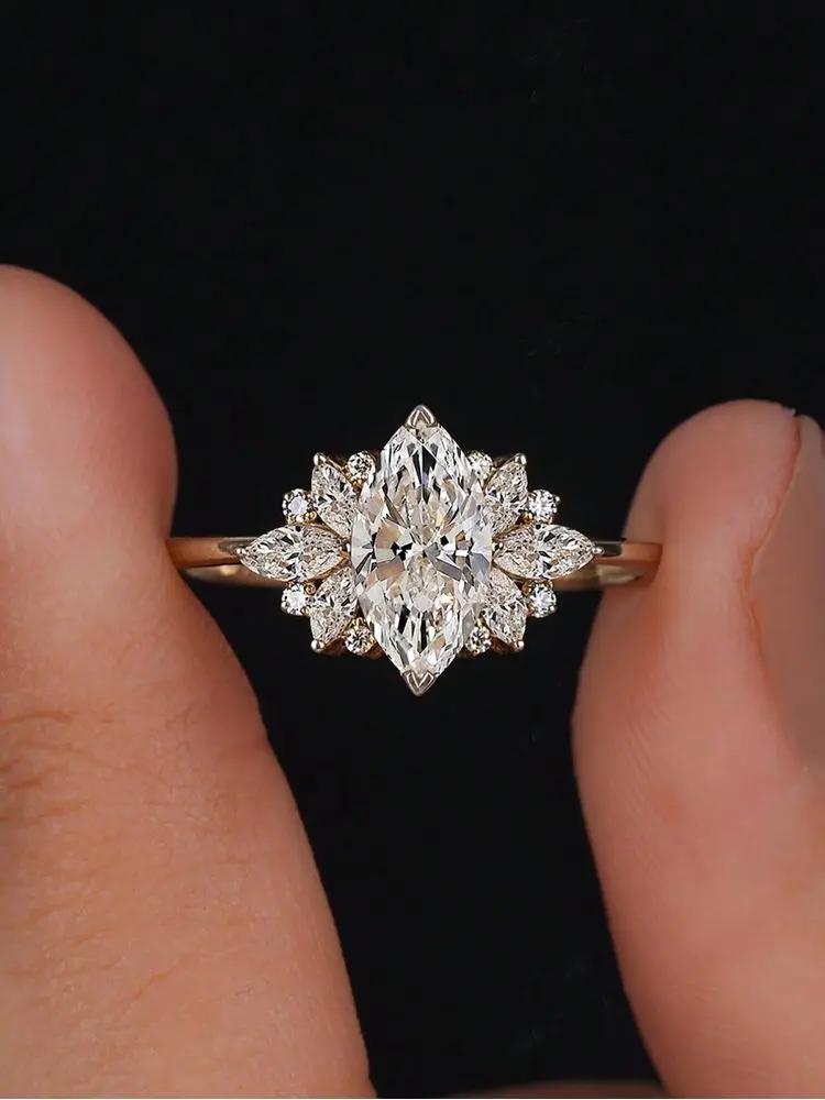 925 Sterling Silver Fashion Golden Marquise Series Zircon Ring For Women Engagement Wedding Simple High Quality Fine Jewelry