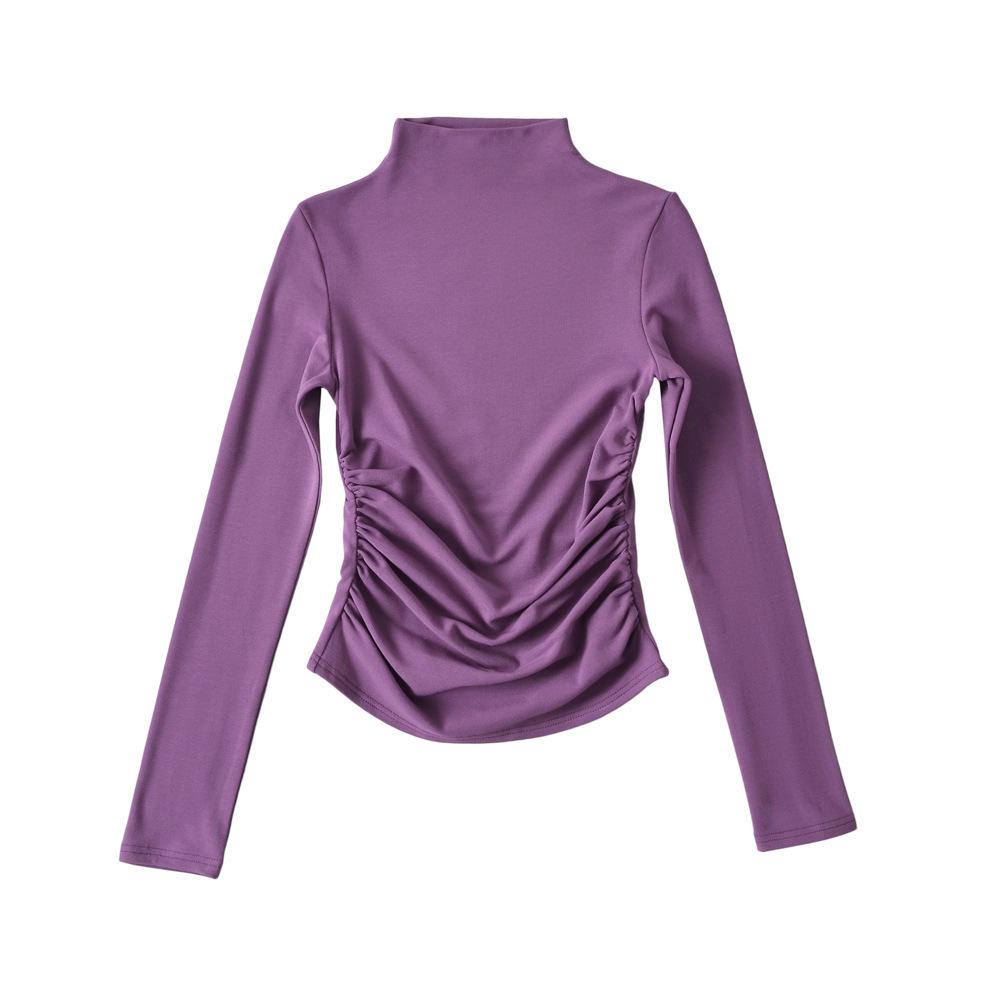 Autumn new women's European and American solid color velvet warm semi-turtleneck bottoming shirt pleated slim-fitting long-sleeved T-shirt