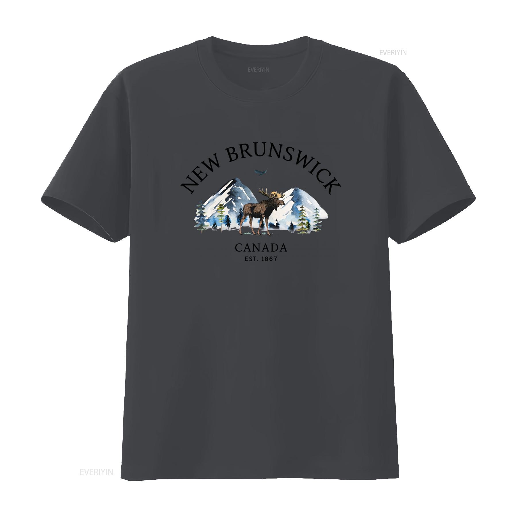 

New Brunswick Canada Mountains T shirt with Moose Print Est 1867 Design vintage Washed Casual Comfortable Slightly streetwear 4XL