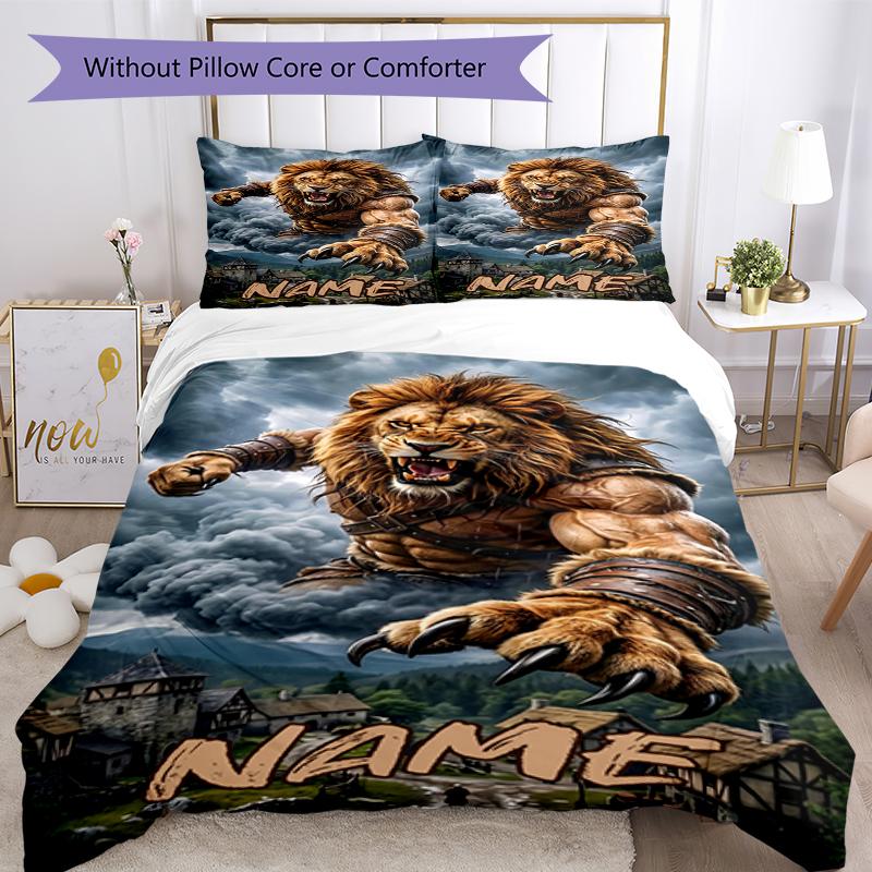 3pcs Custom Name Lion Bedding Set Duvet Cover Closure Includes 1 Duvet Cover & 2 Pillowcases, Soft and Comfortable for All Seasons.