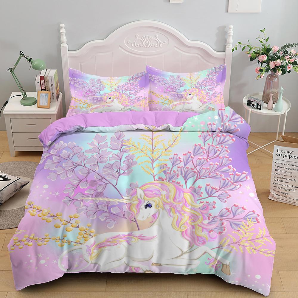 Cute Unicorn Duvet Cover Set Girly Pink Castle Bedding Set Single Twin Size For Princess Girl Dedicated Bedroom Decor Bedclothes