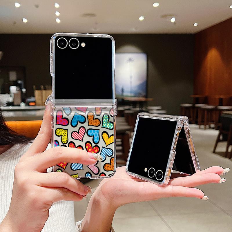 Colorful Leopard Love Heart Case For Samsung Galaxy Z Flip 8 7 FE 6 5 4 Z Flip8 Flip7 Flip6 Flip5 Hinged Clear PC Slim Hard Folding Phone Cover