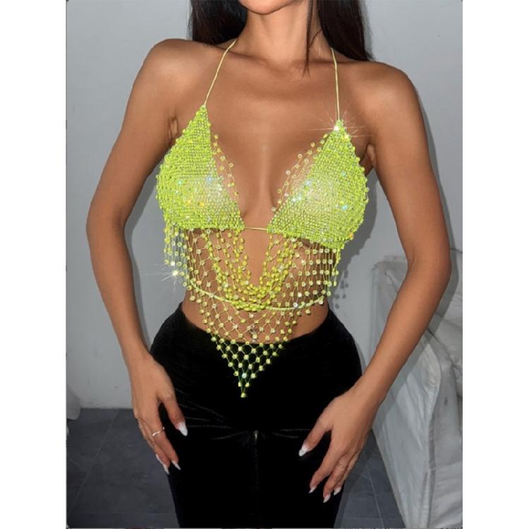 Women Shines Rhinestones Tank Top Halter Body Chain Fishnet Mesh Bra Crop Top Shirt for Night Club Party Raves Outfits