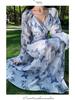 Women's Summer French V-neck Blue Floral Long Sleeve Chiffon Dress