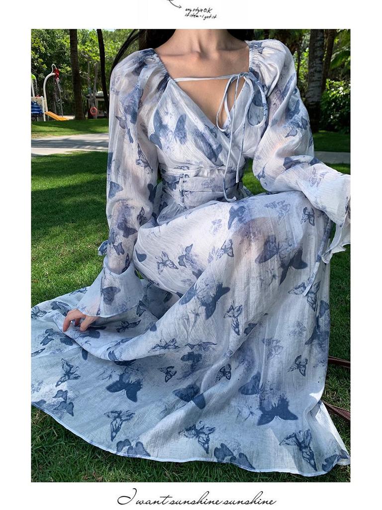Women's Summer French V-neck Blue Floral Long Sleeve Chiffon Dress