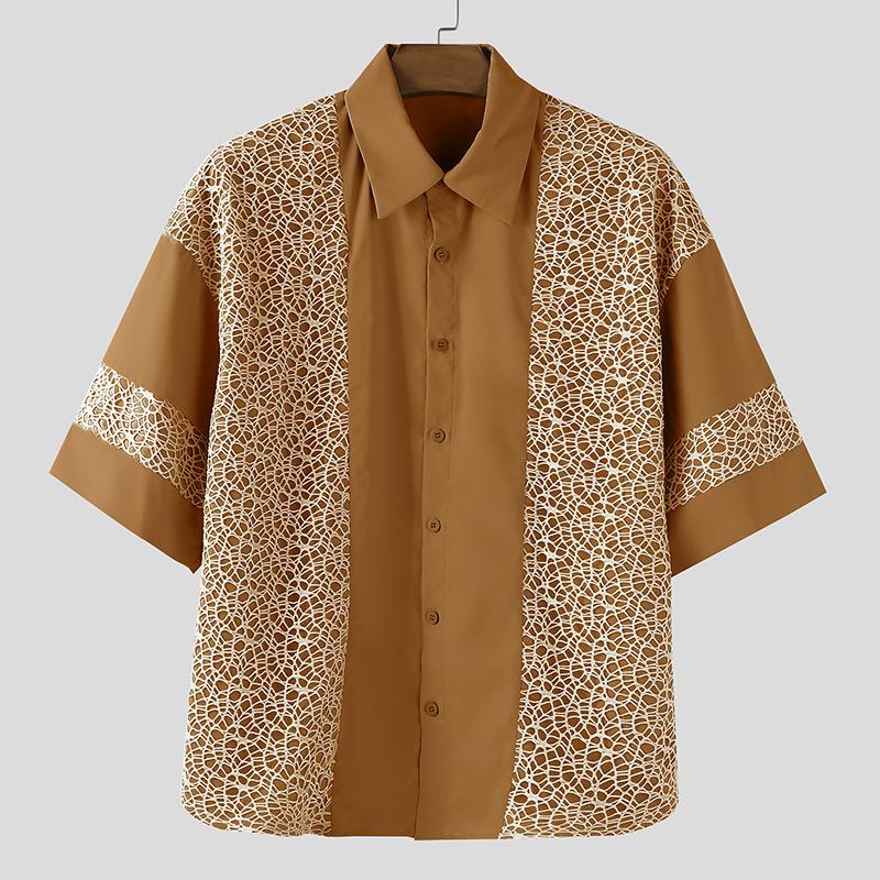 

INCERUN Oversized Men Lapel Neck Short Sleeve Crochet Casual Loose Shirts 5XL коричневый
