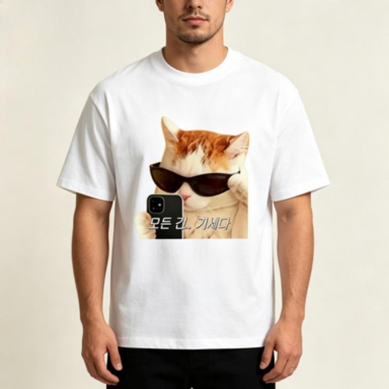 Summer Unisex Cotton Tee Funny Sunglasses Cat Graphic Round Neck Loose Harajuku Daily Casual Unisexs T Shirt
