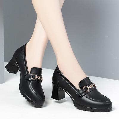 Zapatos de tacón cuadrado con cadena de metal para mujer, calzado de piel suave, sin cordones, estilo Mary Jane, informales, elegantes, para primavera