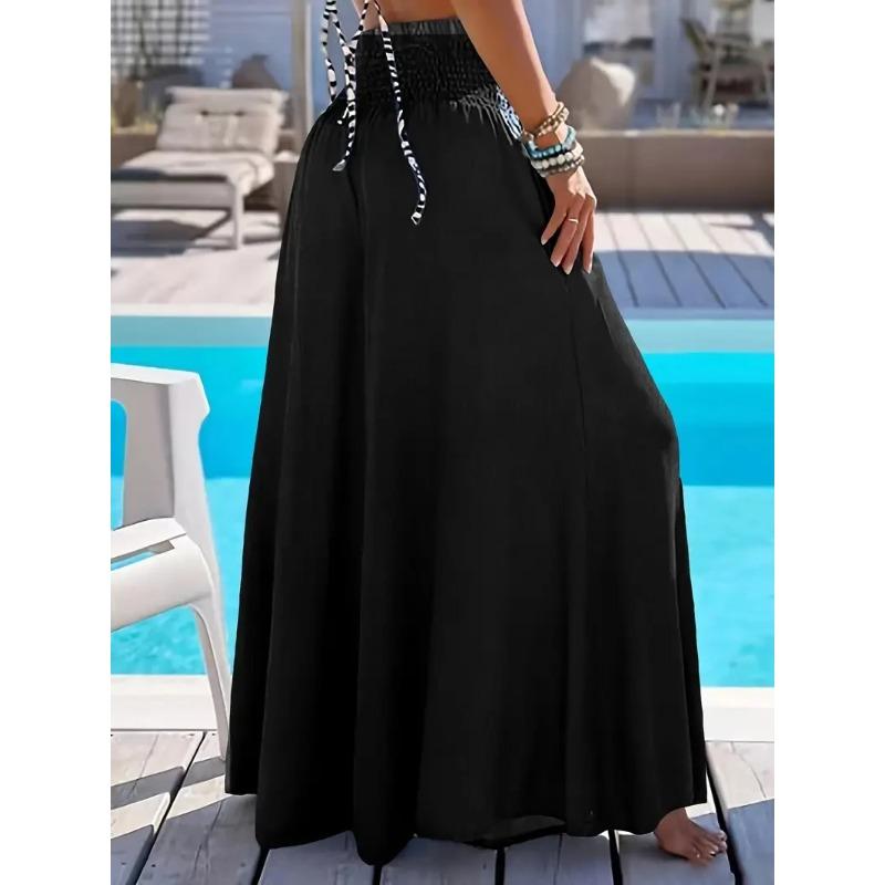 Spring Summer Solid Color High Waisted Ice Silk Trousers Casual Versatile Elastic Pocket Wide Leg Pant