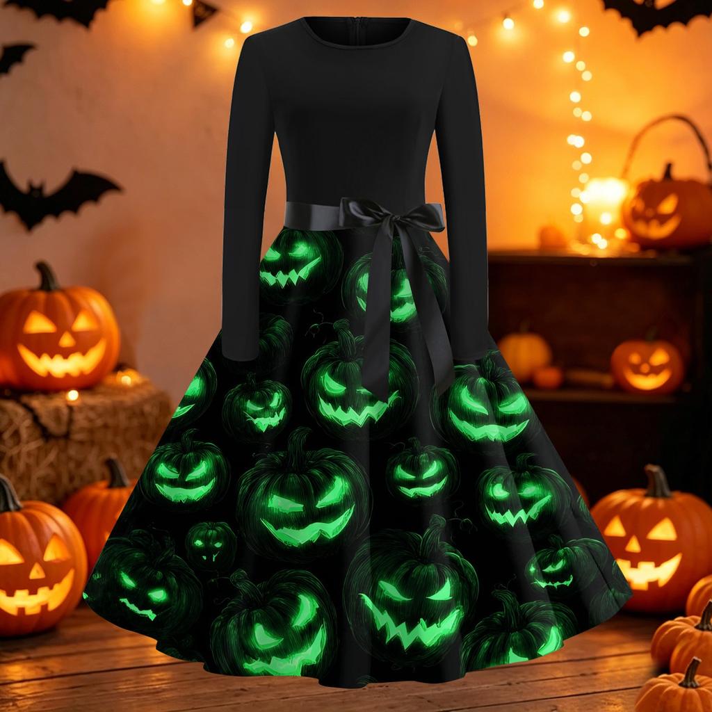 Women's Vintage Halloween Print Round Neck Casual Dress for Everyday Wear