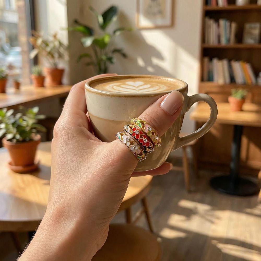 Classic Vintage Geometric Rings Engraved Gold Plated Ring Colorful Enamel Flower Rings  Engagement