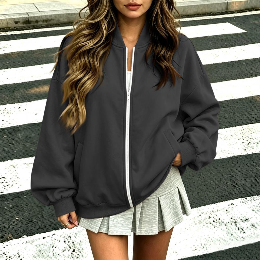 Women's Fashion Zip-Up Jacket with V-Neck Long Sleeve Loose Fit Color