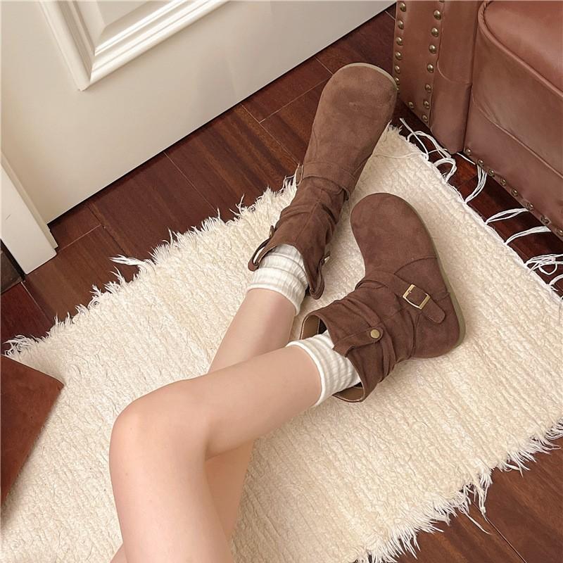 Retro stacking boots women's 2025 autumn and winter new Korean fashion round head Martin short boots matte flat bottom short boots