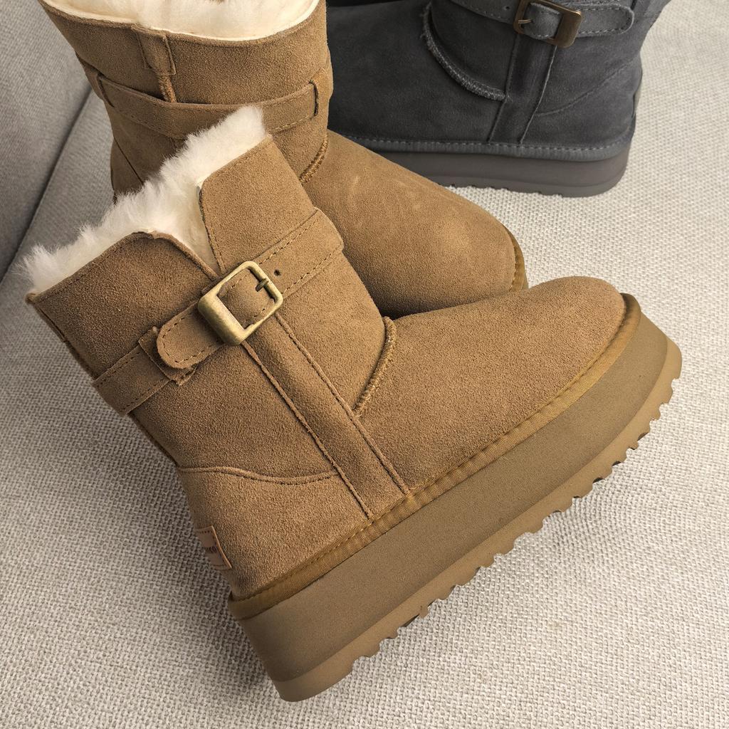Scarpe con plateau integrate in pelle di pecora e pelliccia stivali da neve da donna stivali alti da cavaliere a tubo medio scarpe da donna alla moda e comode cotone s