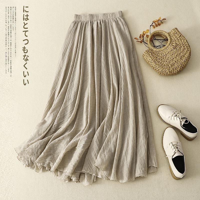 Women Cotton Leaf Edge Double Layer Half Skirt Loose Waist A- Shaped Big Swing Skirt Women Casual Style Long