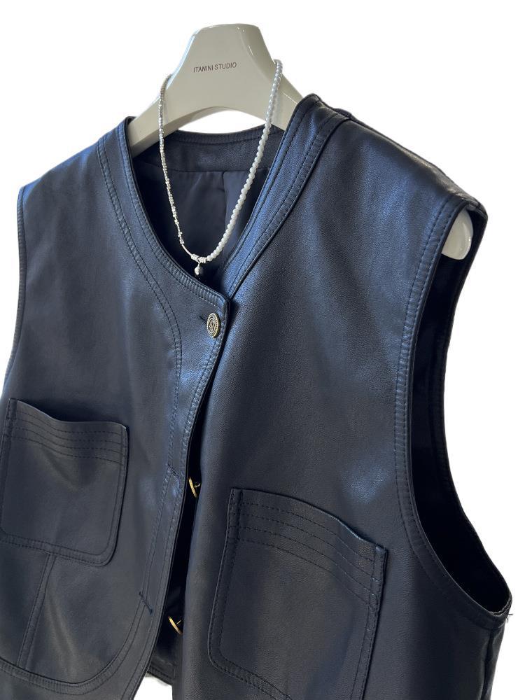 Women's PU Leather Motorcycle Vest - Short Sleeveless Waistcoat, 2025 Autumn Korean Style Outerwear