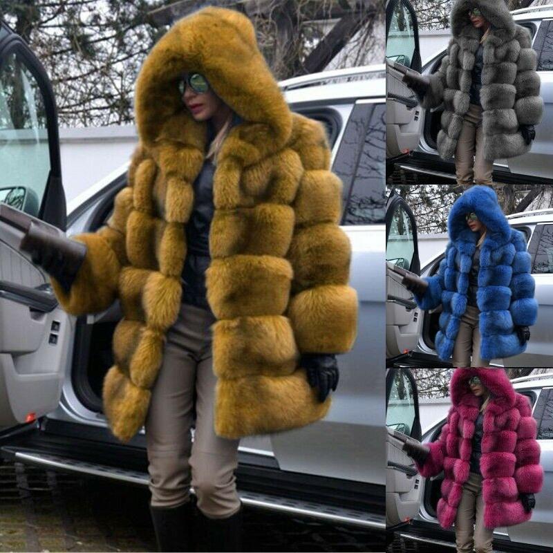 Winter Womens Faux Fur Coats Cozy Jacket Hooded Thicken Coat Overcoat Outwear