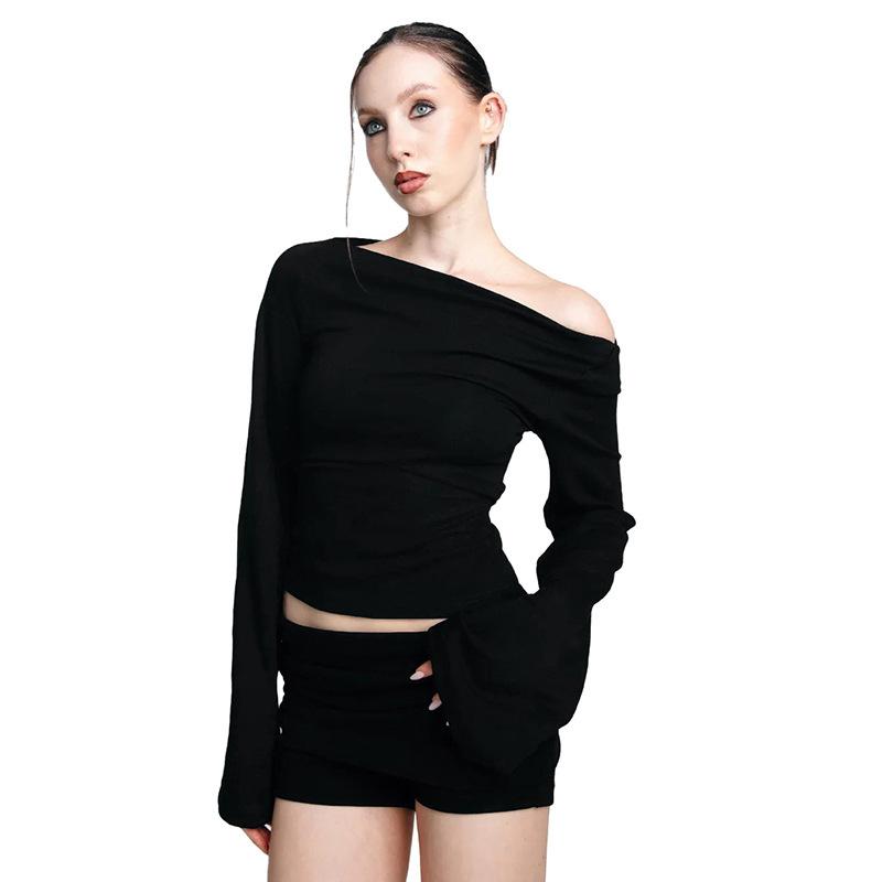 European and American women s clothing autumn new slanted shoulder collar asymmetrical pleated pullover slim-fitting long-sleeved top S чёрный