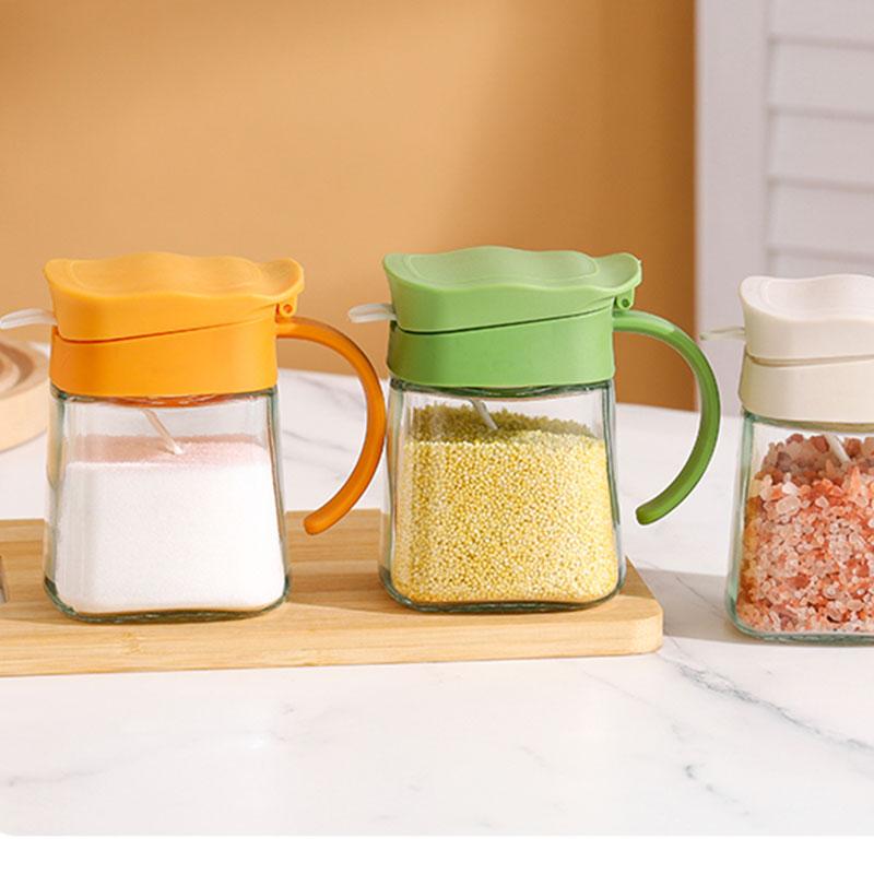 Glass Seasoning Tank 2025 New Household 300ml Handle Transparent Kitchen Salt Shaker with Lid Scoop Green Fresh Sealed Jar