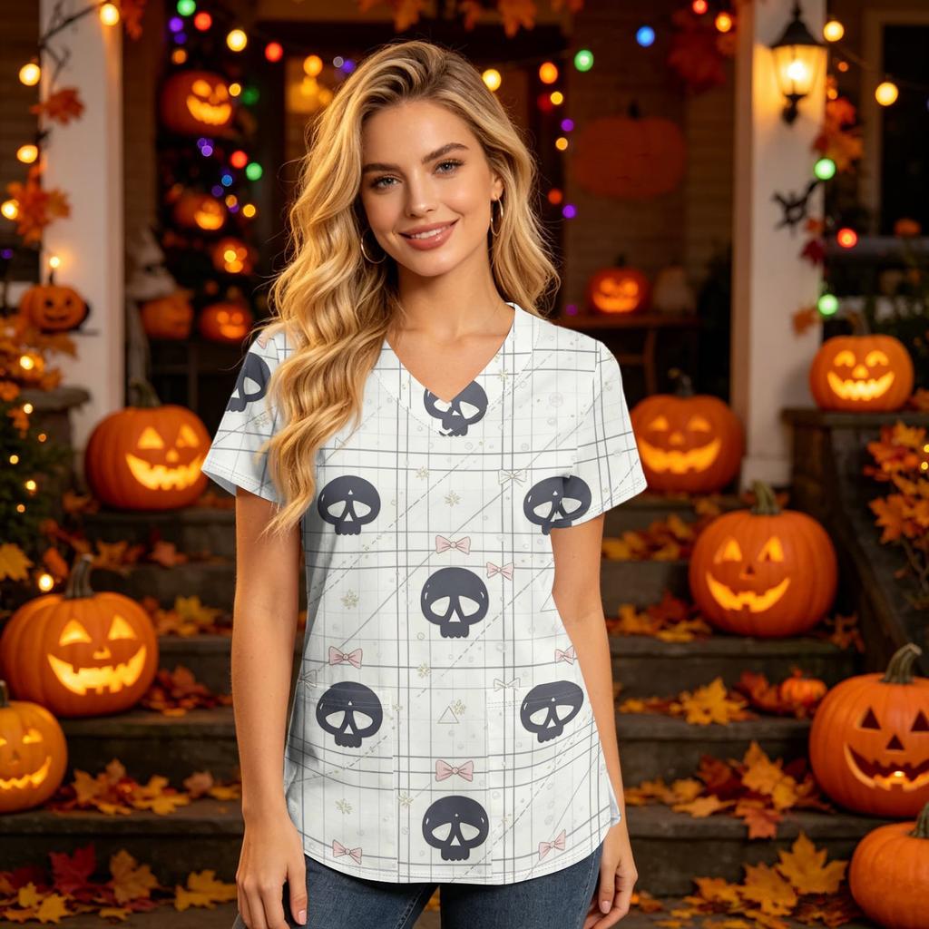 Damen V-Ausschnitt Kurzarm Kasack mit Taschen Halloween-Print Pflegekraft Uniform