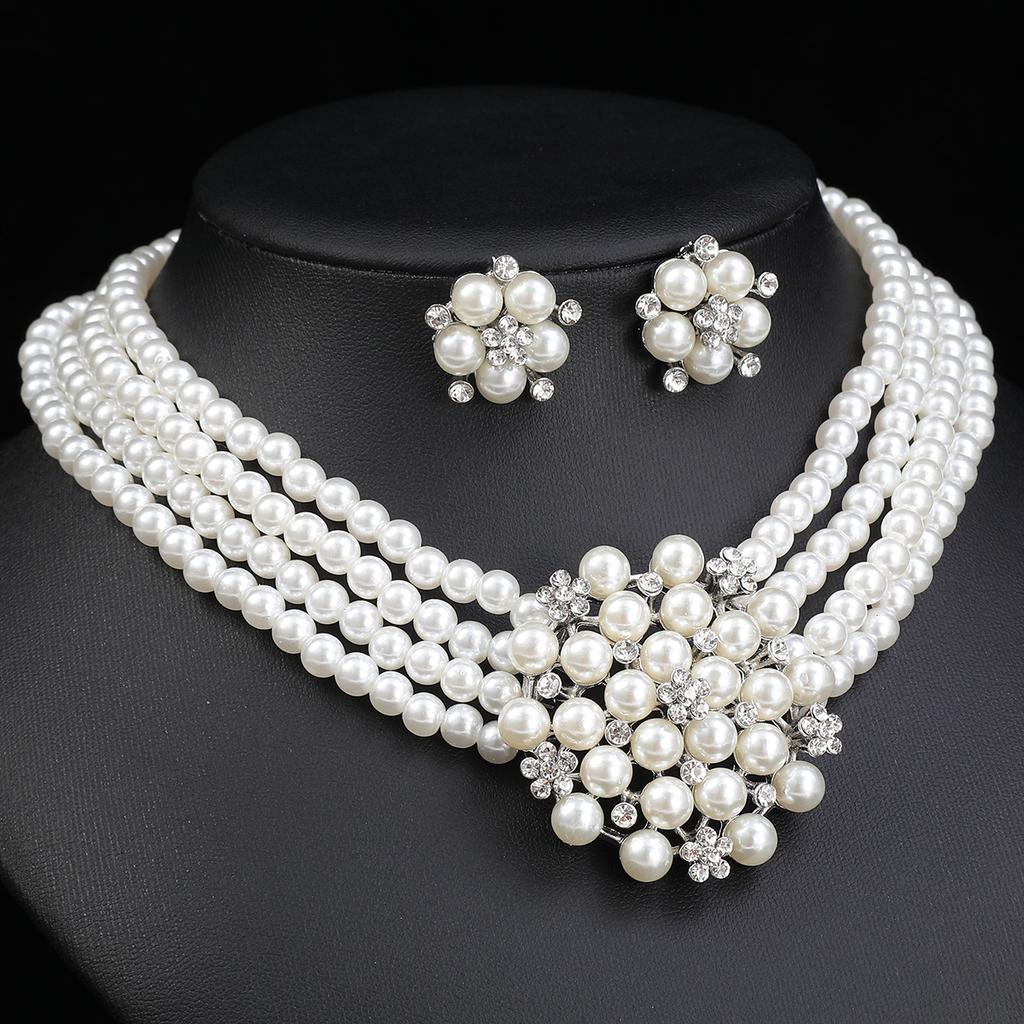 Schmuckset Damen Mehrreihige Perlenkette Ohrringe Dreiteilig Braut Hochzeitskleid Accessoires Vielseitig