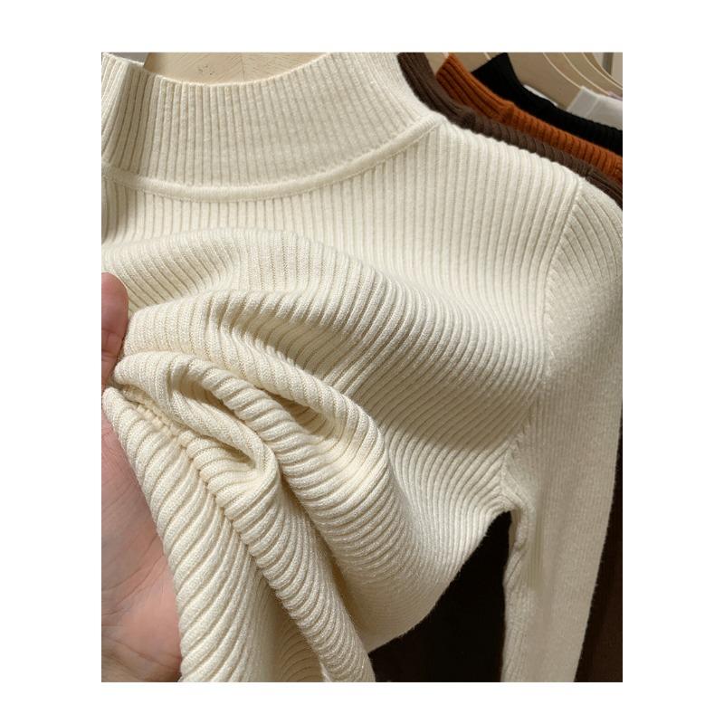 Fashion Women Knitted Bottoming Turtleneck Sweater Autumn Winter Long Sleeve Half High Collar Casual Simple Pullover Shirt Slim Fit Basic Thin Top