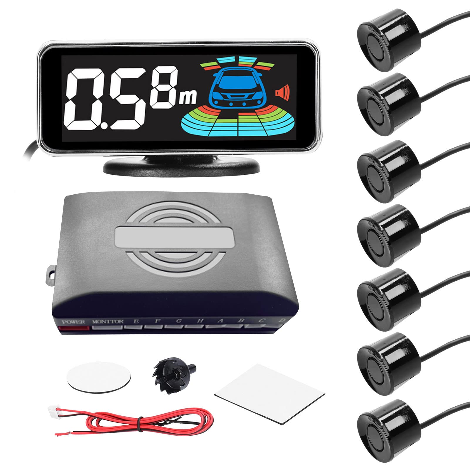 

Snsowed Parking Sensor Rear Reverse Radar System with 8 Parking Sensors, Distance Detection, LCD Distance Display, and Audible Warning Buzzer