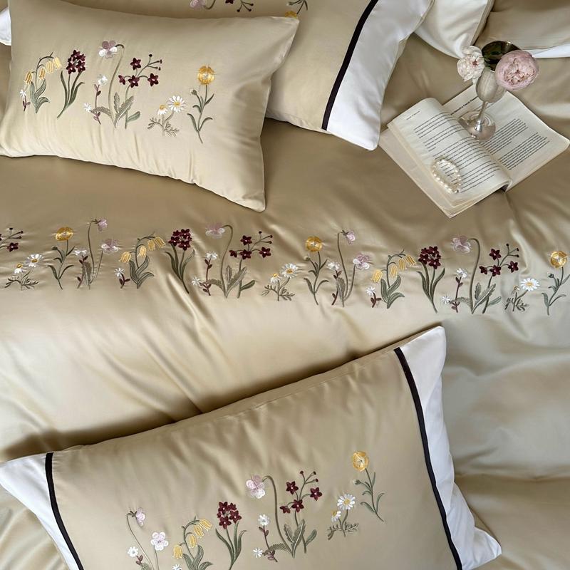 3/4Pcs Premium Egyptian Cotton Flowers Embroidery Bedding Set Single Queen King Duvet Cover Bed Sheet/Fitted Sheet Pillowcases
